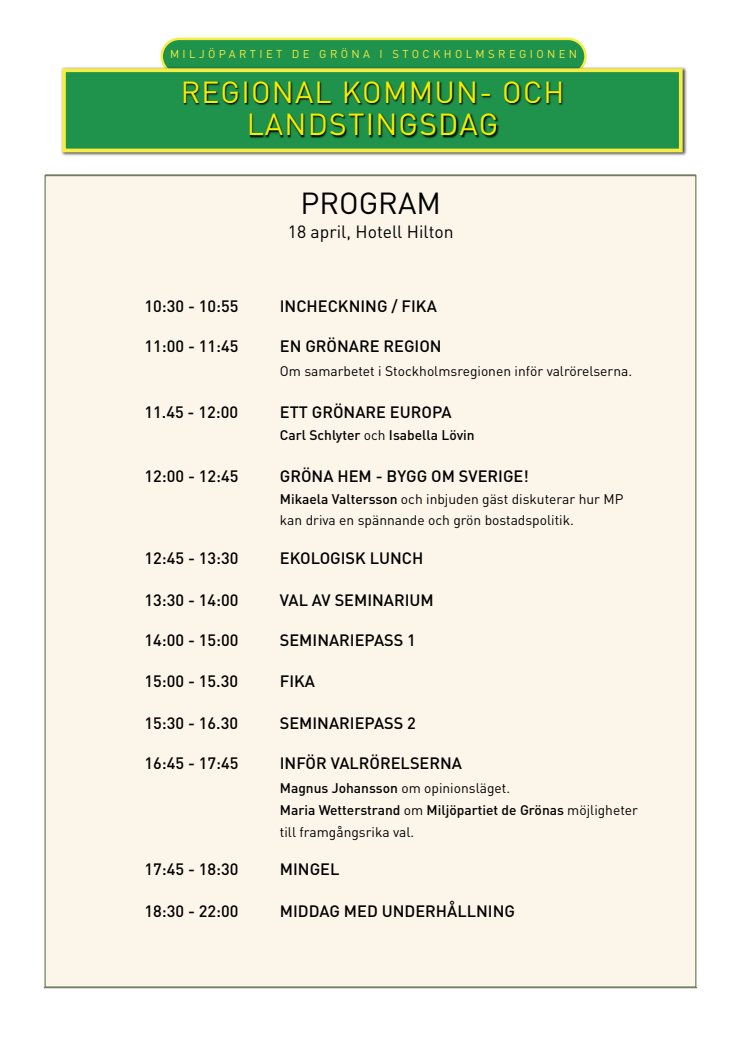 Program: Miljöpartiets regionala kommun- och landstingsdag 18 april