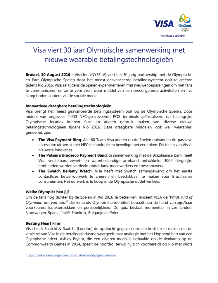 Visa viert 30 jaar Olympische samenwerking met nieuwe wearable betalingstechnologieën