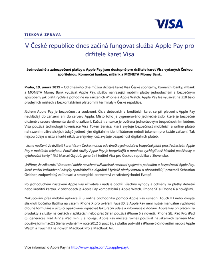 V České republice dnes začíná fungovat služba Apple Pay pro držitele karet Visa