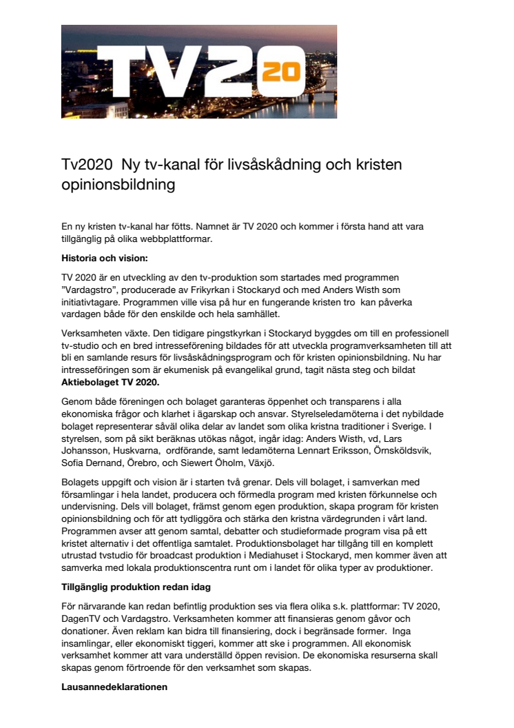 Tv2020  Ny tv-kanal för livsåskådning och kristen opinionsbildning