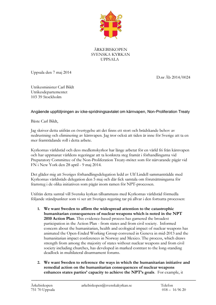 Ärkebiskopens brev till utrikesministern om nedrustning och eliminering av kärnvapen