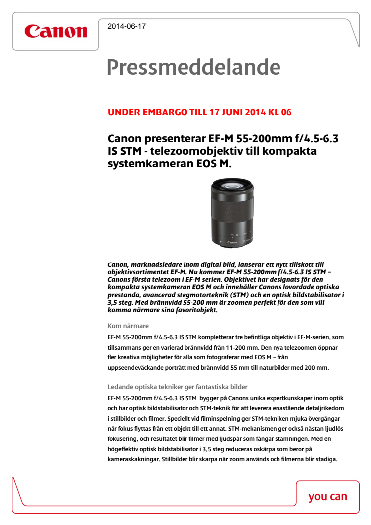 Canon presenterar EF-M 55 200mm f/4.5-6.3 IS STM - telezoomobjektiv till kompakta systemkameran EOS M.