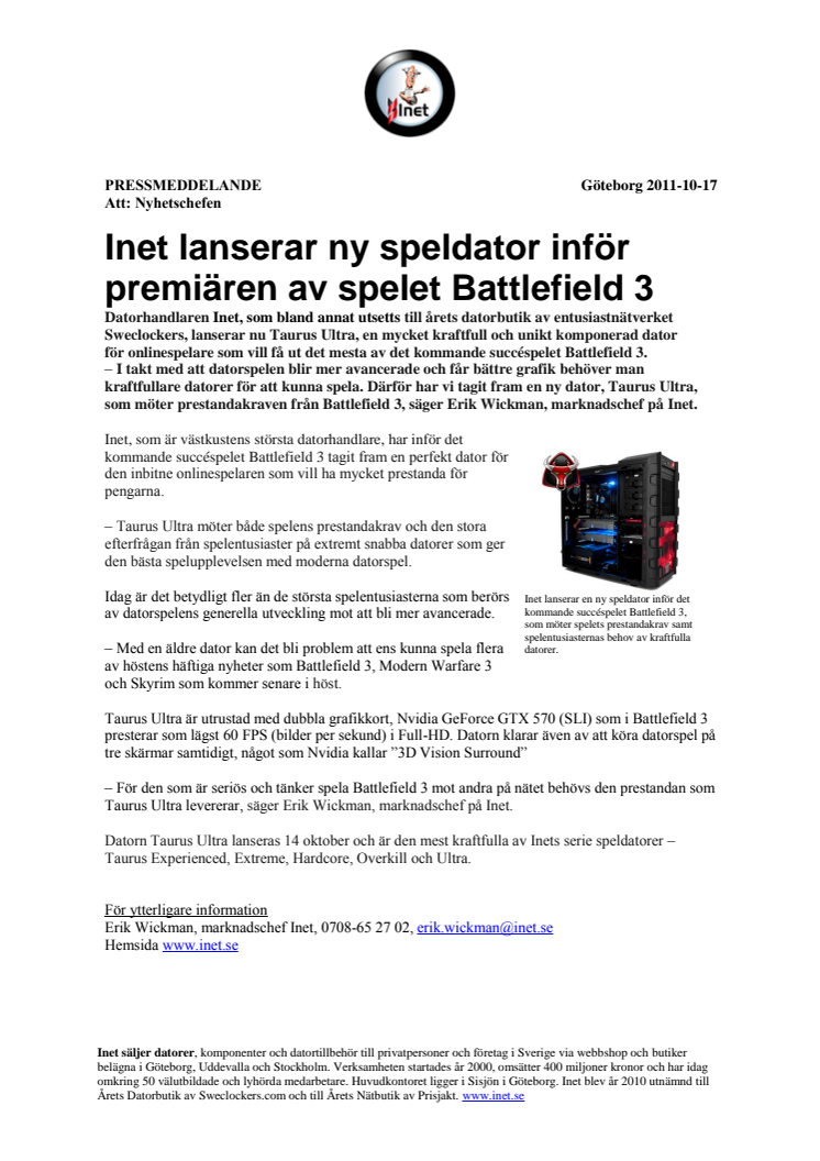 Inet lanserar ny speldator inför premiären av spelet Battlefield 3 