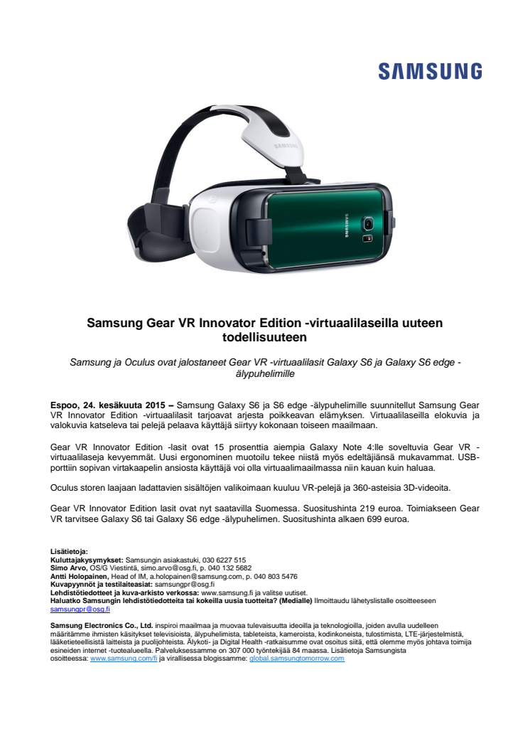 ​Samsung Gear VR Innovator Edition -virtuaalilaseilla uuteen todellisuuteen