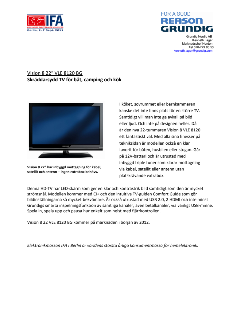 IFA-nytt Vision 8 22” VLE 8120 BG;  Skräddarsydd TV för båt, camping och kök 