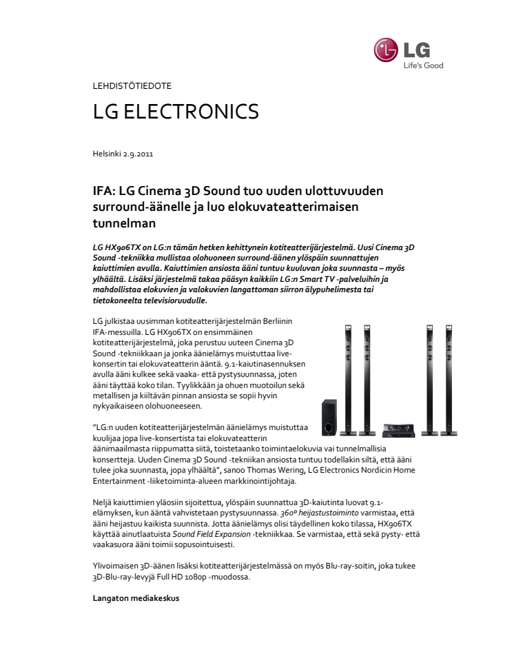 IFA: LG Cinema 3D Sound tuo uuden ulottuvuuden surround-äänelle ja luo elokuvateatterimaisen tunnelman 