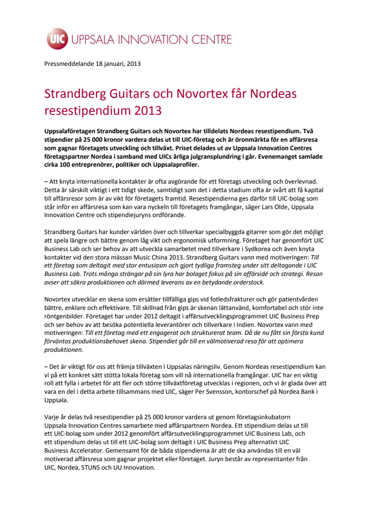 Strandberg Guitars och Novortex får Nordeas resestipendium 2013