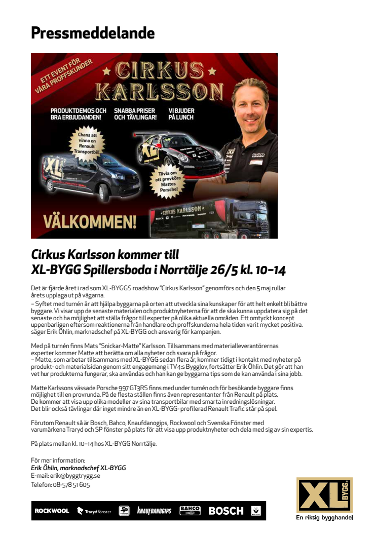 Cirkus Karlsson kommer till XL-BYGGPARTNER i Spillersboda/Norrtälje 26/5