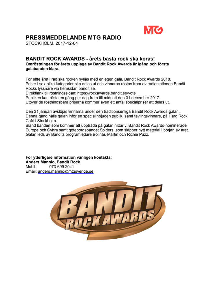 BANDIT ROCK AWARDS - årets bästa rock ska koras! 