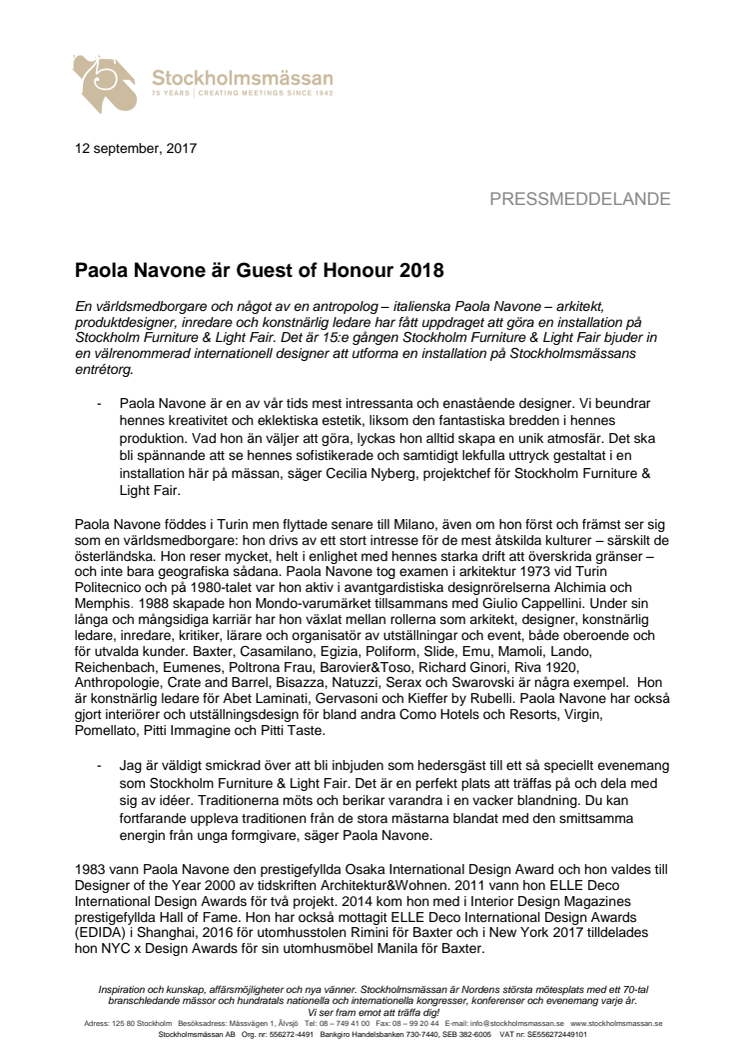 Paola Navone är Guest of Honour 2018