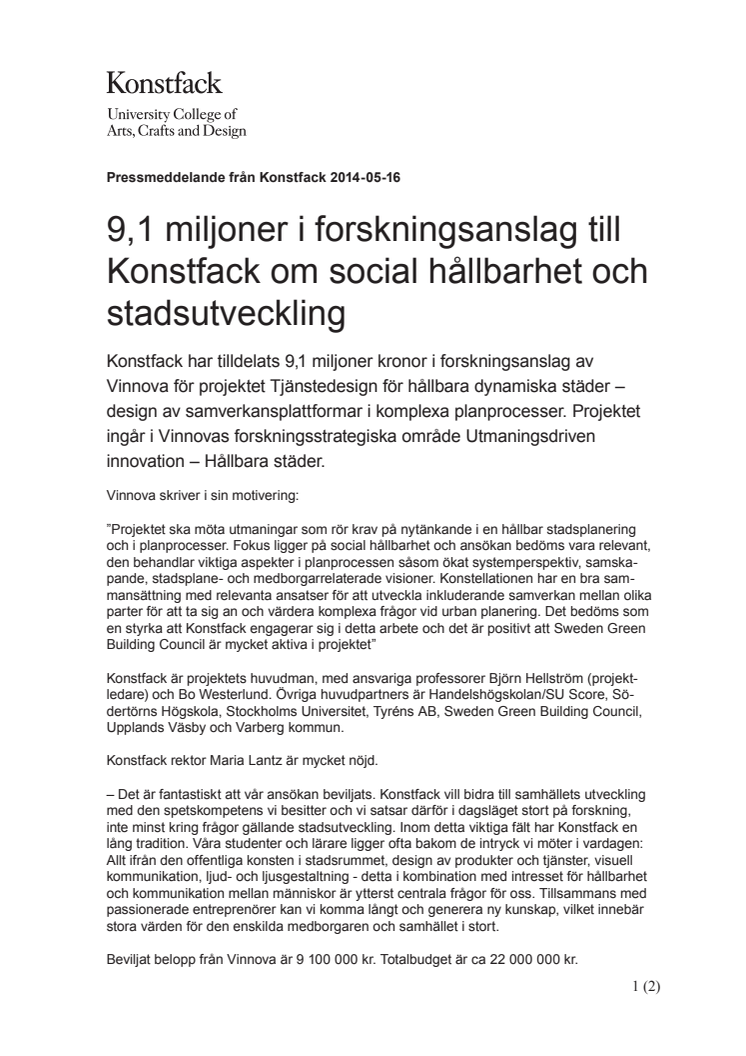 9,1 miljoner i forskningsanslag till Konstfack om social hållbarhet och stadsutveckling