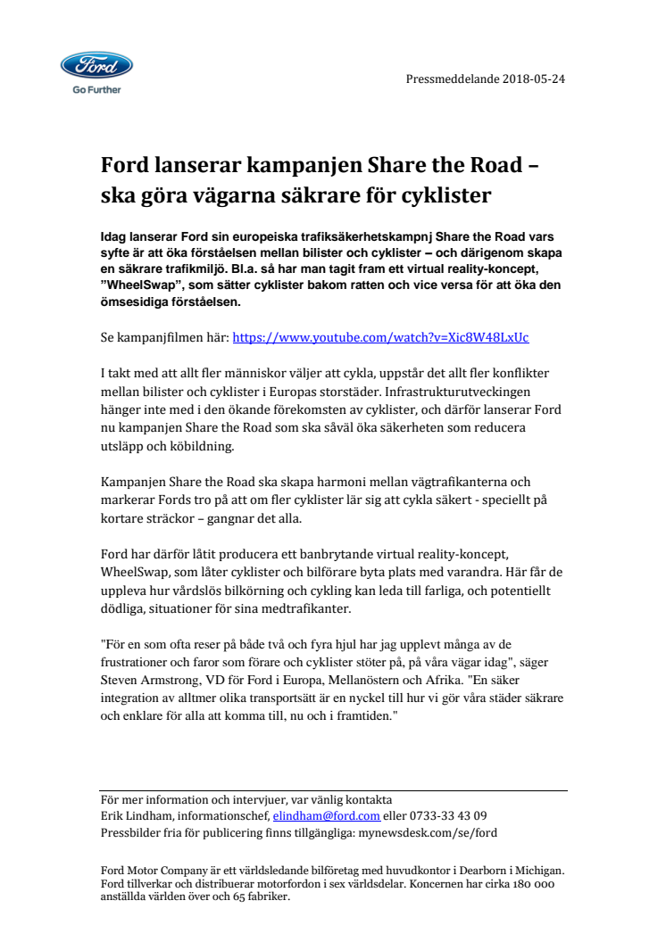 Ford lanserar kampanjen Share the Road – ska göra vägarna säkrare för cyklister