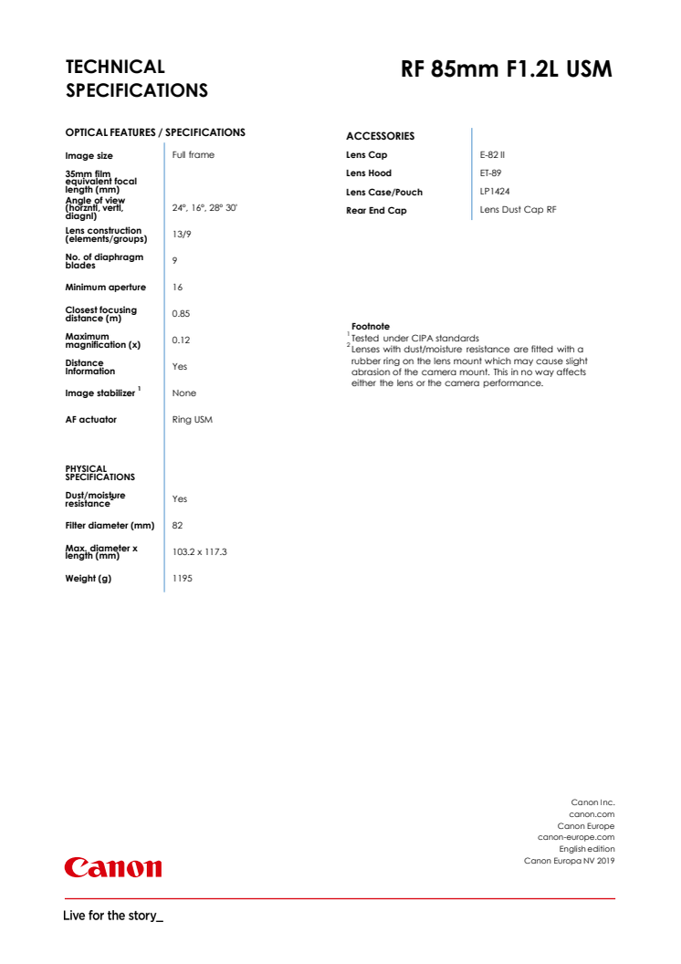 RF 85mm F1.2L USM PR Spec Sheet