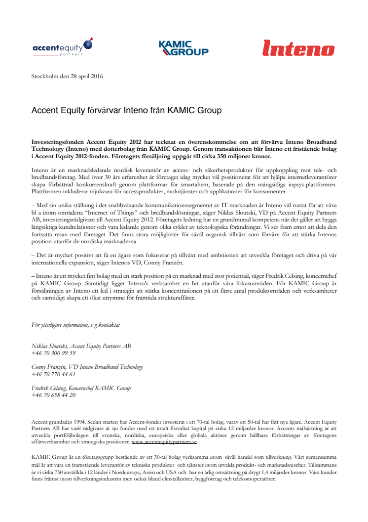 Accent Equity förvärvar Inteno från KAMIC Group