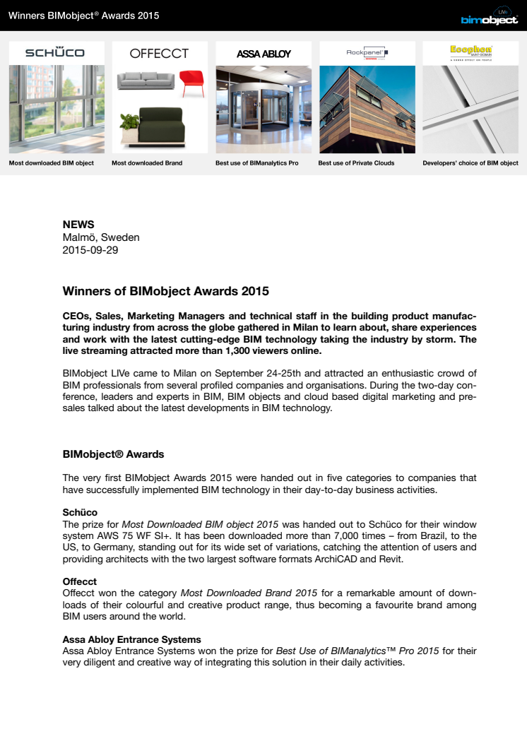 Winners of BIMobject Awards 2015