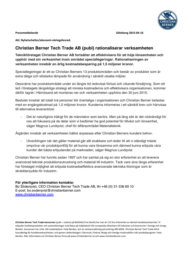 Christian Berner Tech Trade AB (publ) rationaliserar verksamheten