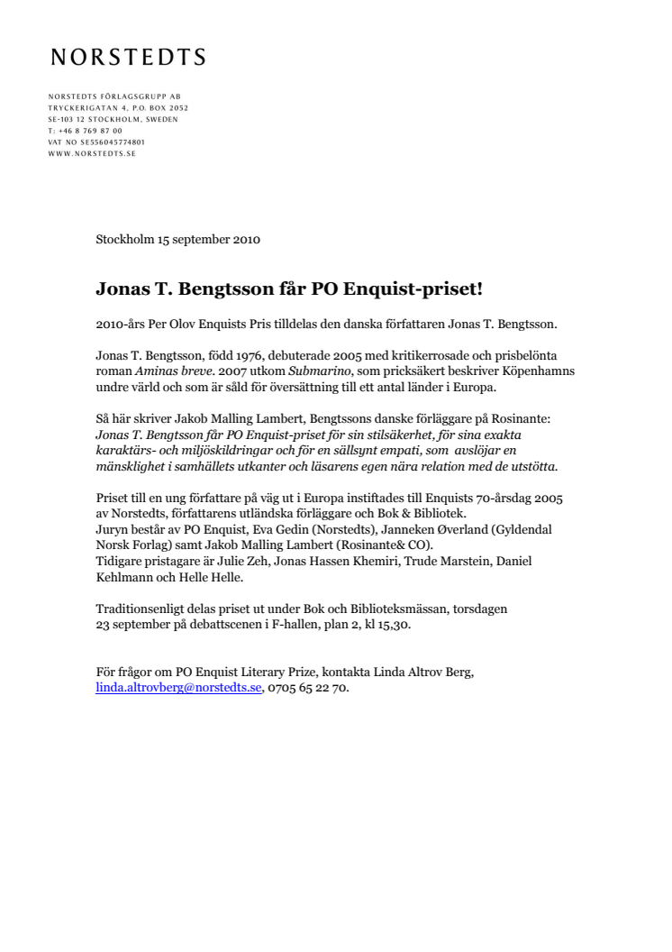 Jonas T. Bengtsson får PO Enquist-priset!
