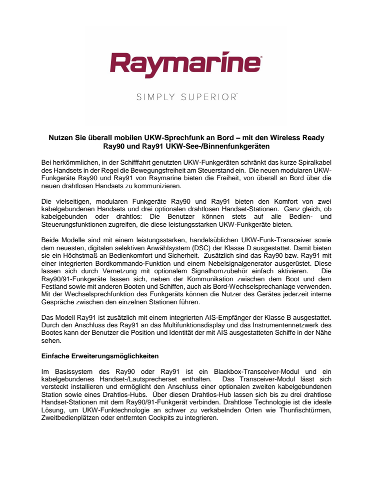 Raymarine: Nutzen Sie überall mobilen UKW-Sprechfunk an Bord – mit den Wireless Ready Ray90 und Ray91 UKW-See-/Binnenfunkgeräten