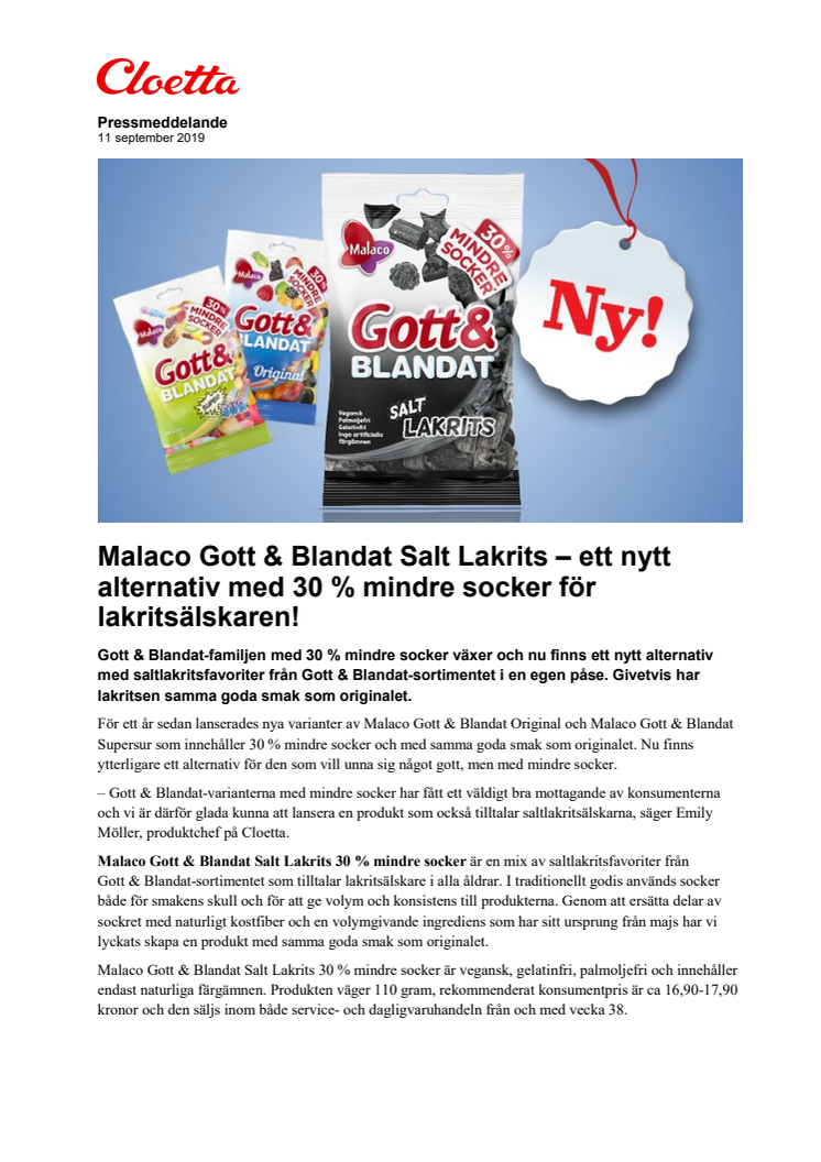 Malaco Gott & Blandat Salt Lakrits – ett nytt alternativ med 30 % mindre socker för lakritsälskaren!