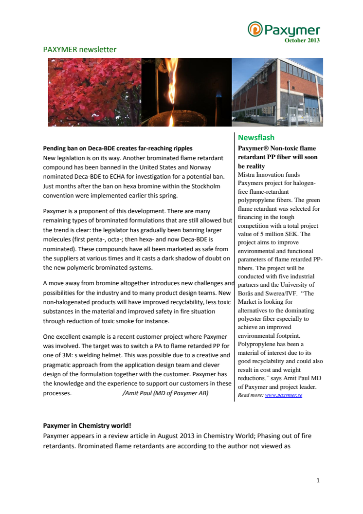 Paxymer Newsletter October 2013