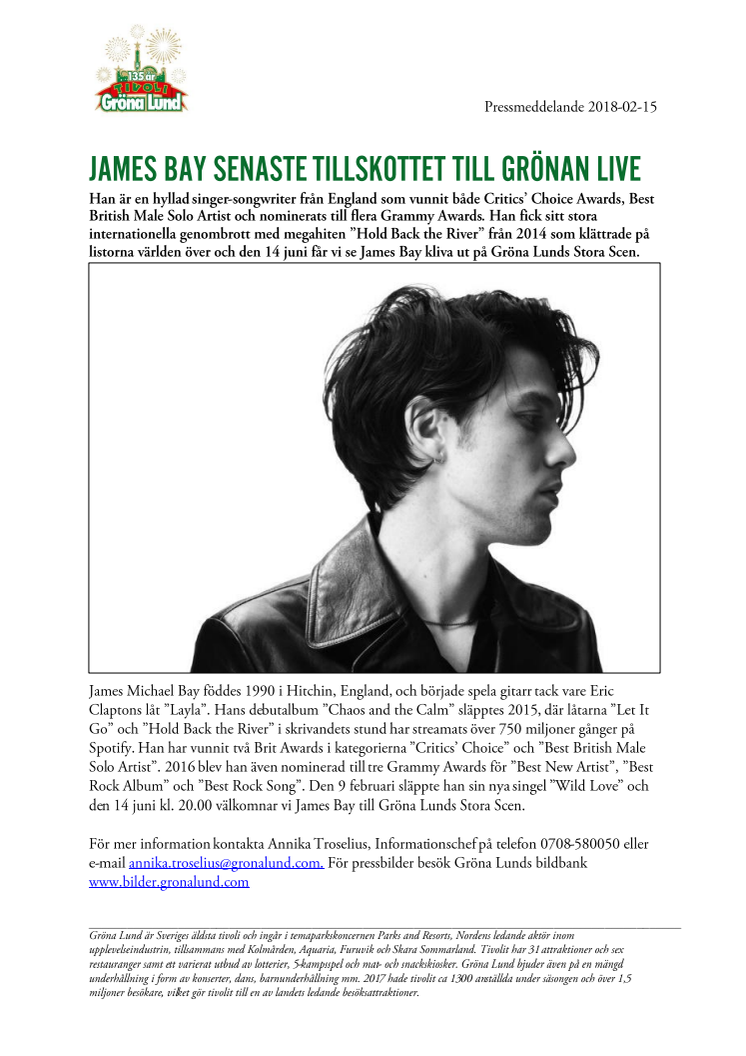 James Bay senaste tillskottet till Grönan Live