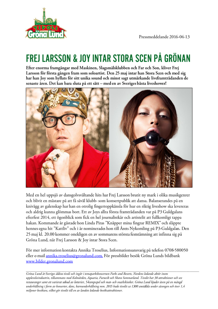 Frej Larsson & Joy intar Stora Scen på Grönan