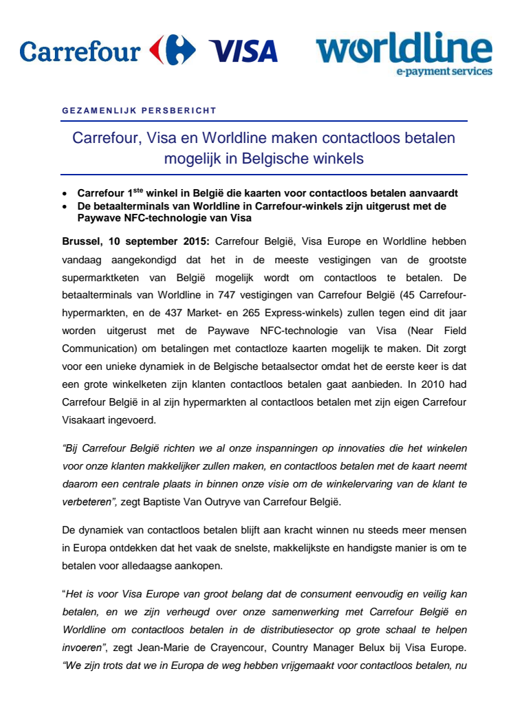 Carrefour, Visa en Worldline maken contactloos betalen mogelijk in Belgische winkels