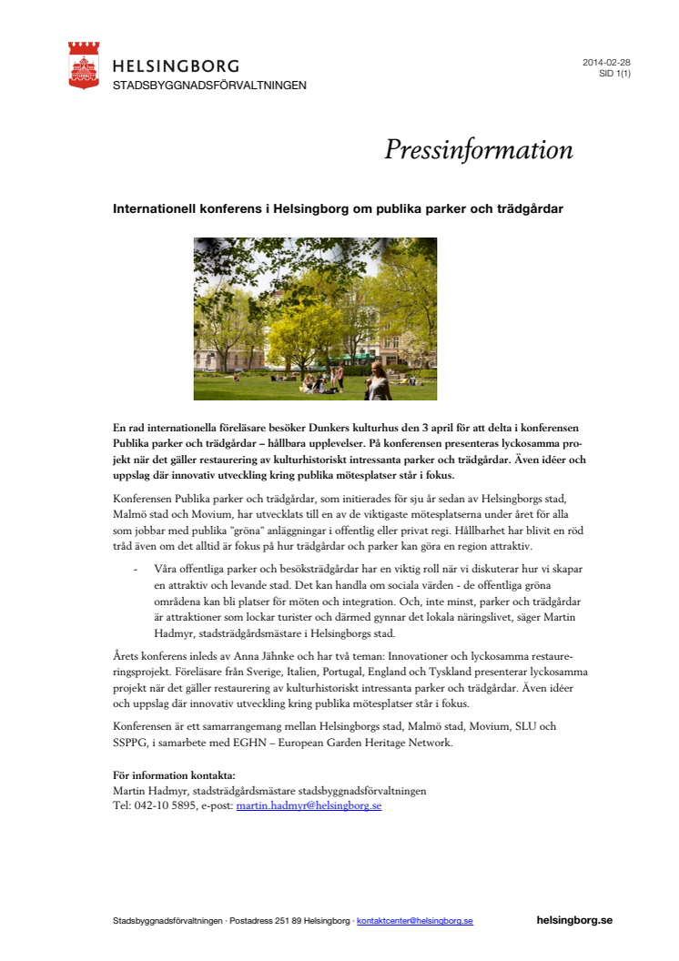 Internationell konferens i Helsingborg om publika parker och trädgårdar