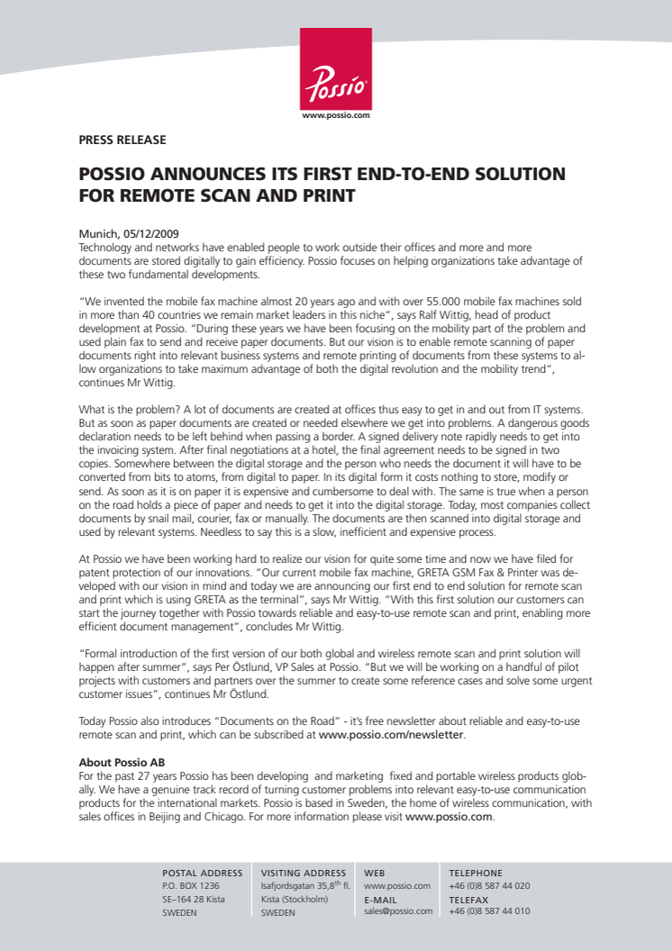 POSSIO ANNOUNCES ITS FIRST END-TO-END SOLUTION FOR REMOTE SCAN AND PRINT