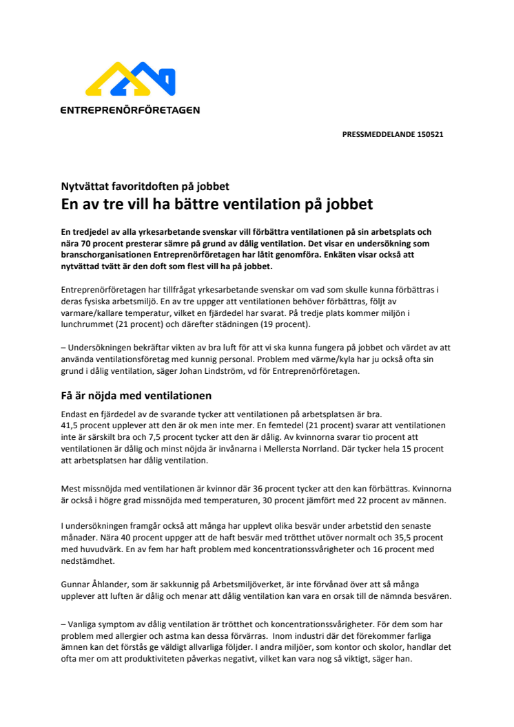 Nytvättat favoritdoften på jobbet - En av tre vill ha bättre ventilation på jobbet 