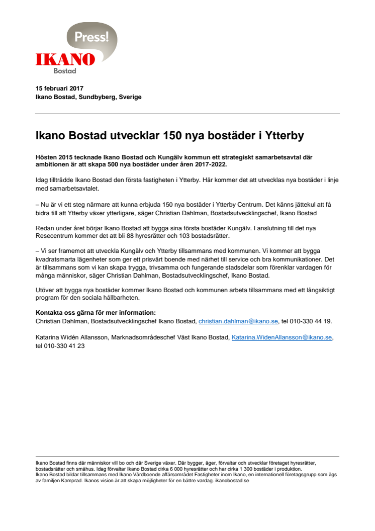 Ikano Bostad utvecklar 150 nya bostäder i Ytterby 