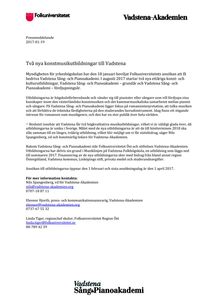 Två nya konstmusikutbildningar till Vadstena