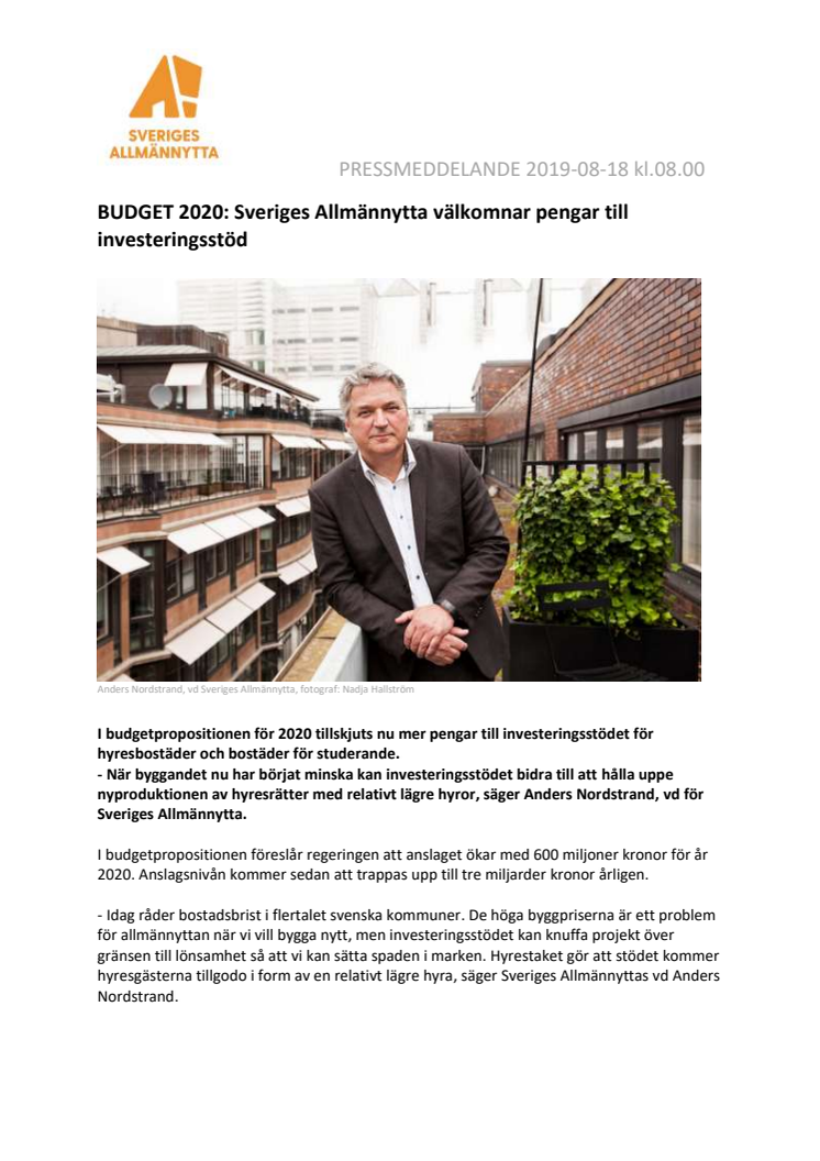 BUDGET 2020: Sveriges Allmännytta välkomnar pengar till investeringsstöd