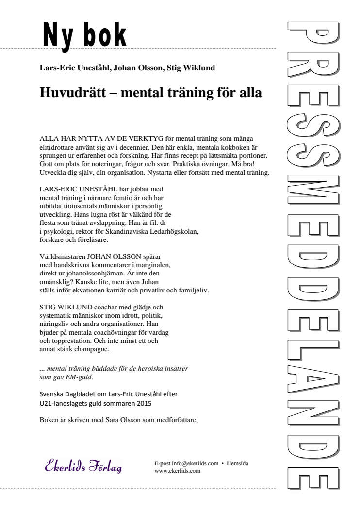 Ny bok: Huvudrätt - mental träning för alla av Lars-Eric Uneståhl, Johan Olsson och Stig Wiklund