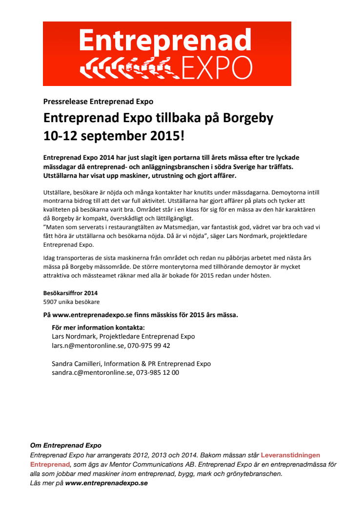 Entreprenad Expo tillbaka på Borgeby 10-12 september 2015!