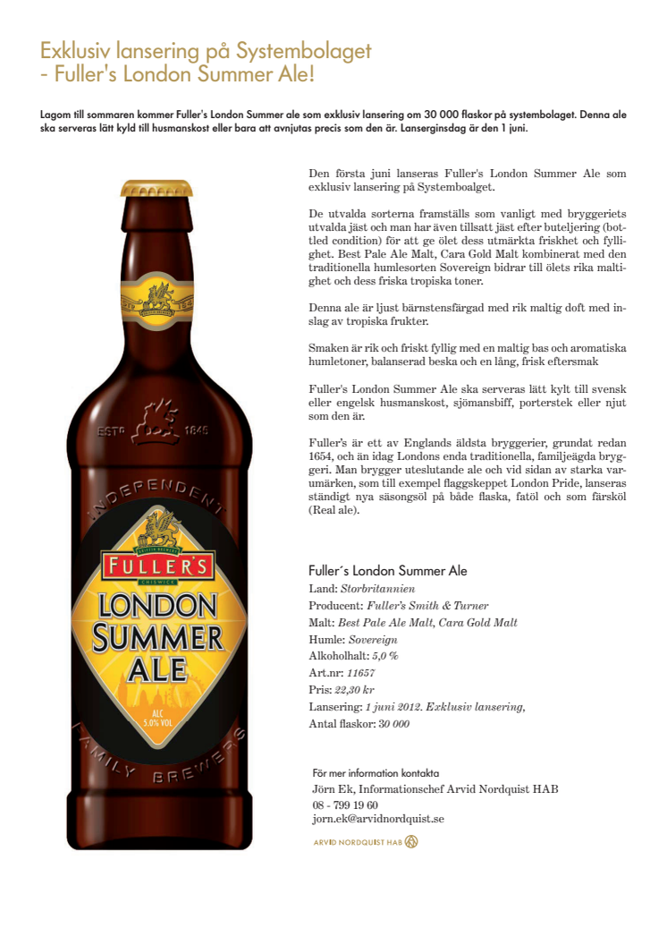 Exklusiv lansering på Systembolaget - Fuller's London Summer Ale