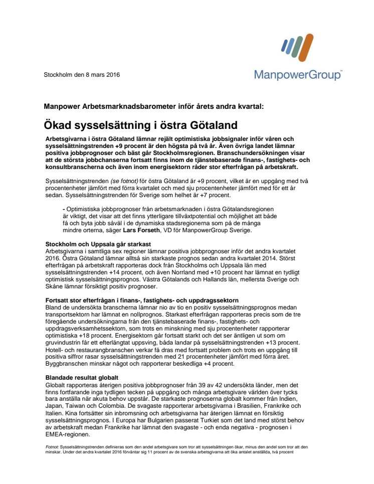 Ökad sysselsättning i östra Götaland