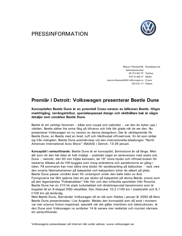Premiär i Detroit: Volkswagen presenterar konceptbilen Beetle Dune