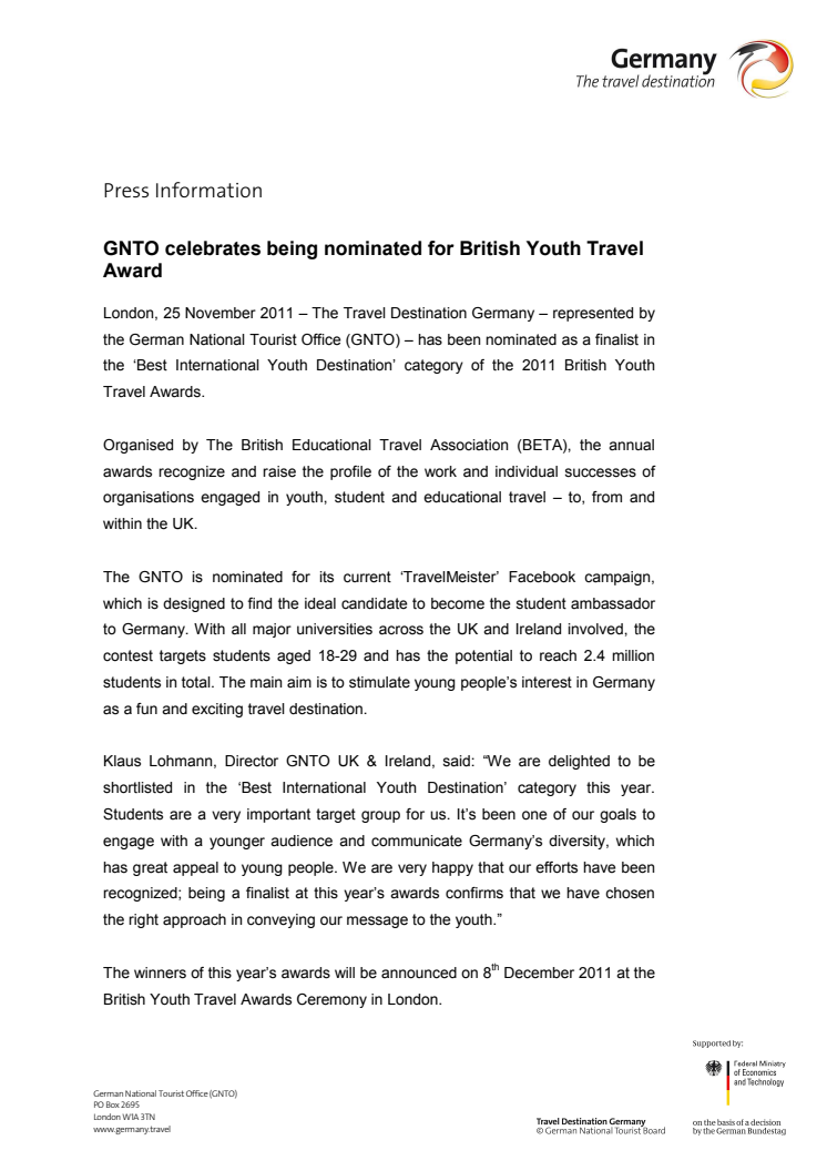 GNTO celebrates being nominated for British Youth Travel Award