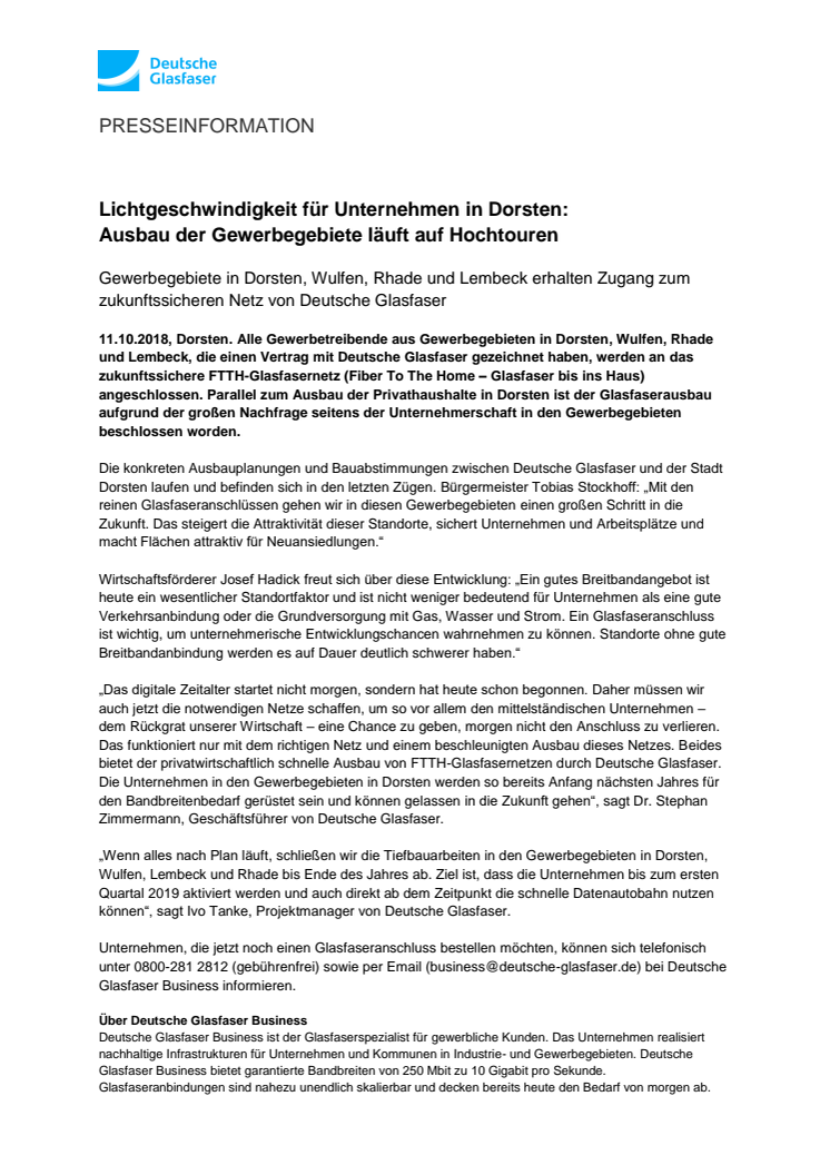 Lichtgeschwindigkeit für Unternehmen in Dorsten:  Ausbau der Gewerbegebiete läuft auf Hochtouren