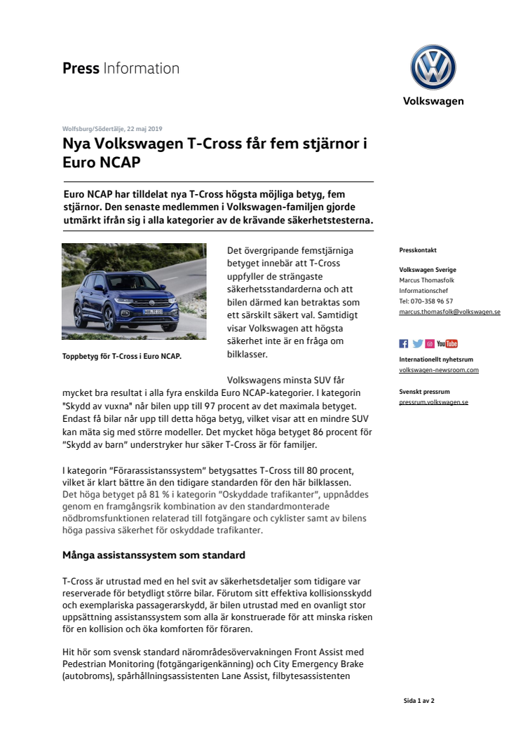 Nya Volkswagen T-Cross får fem stjärnor i Euro NCAP