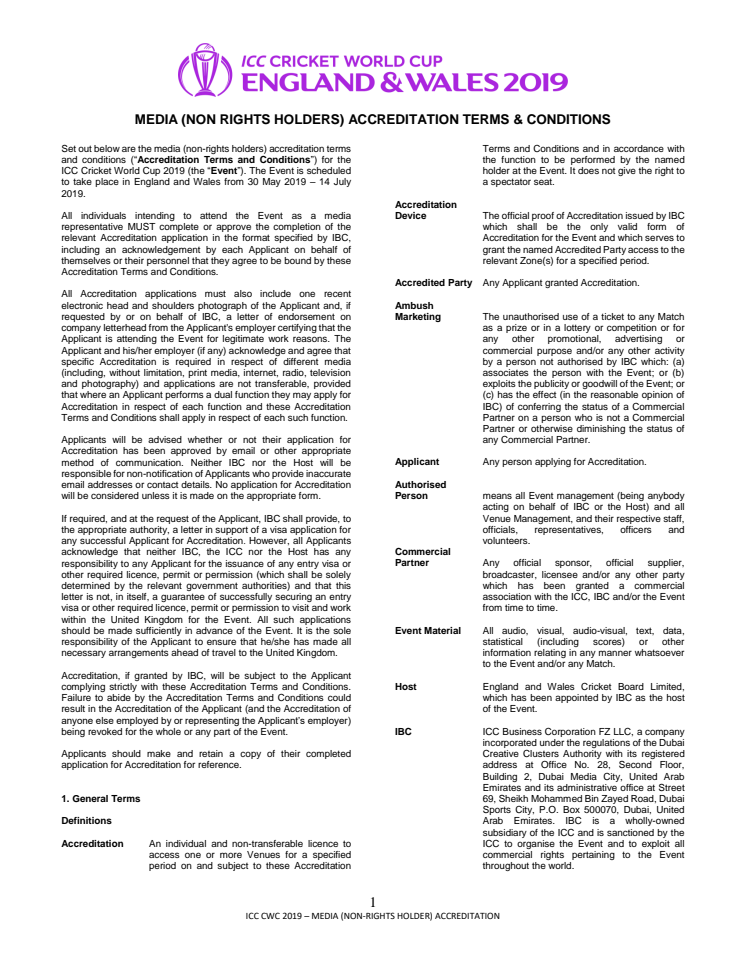 ICC CWC 2019 Non-Rights Holders Terms & Conditions