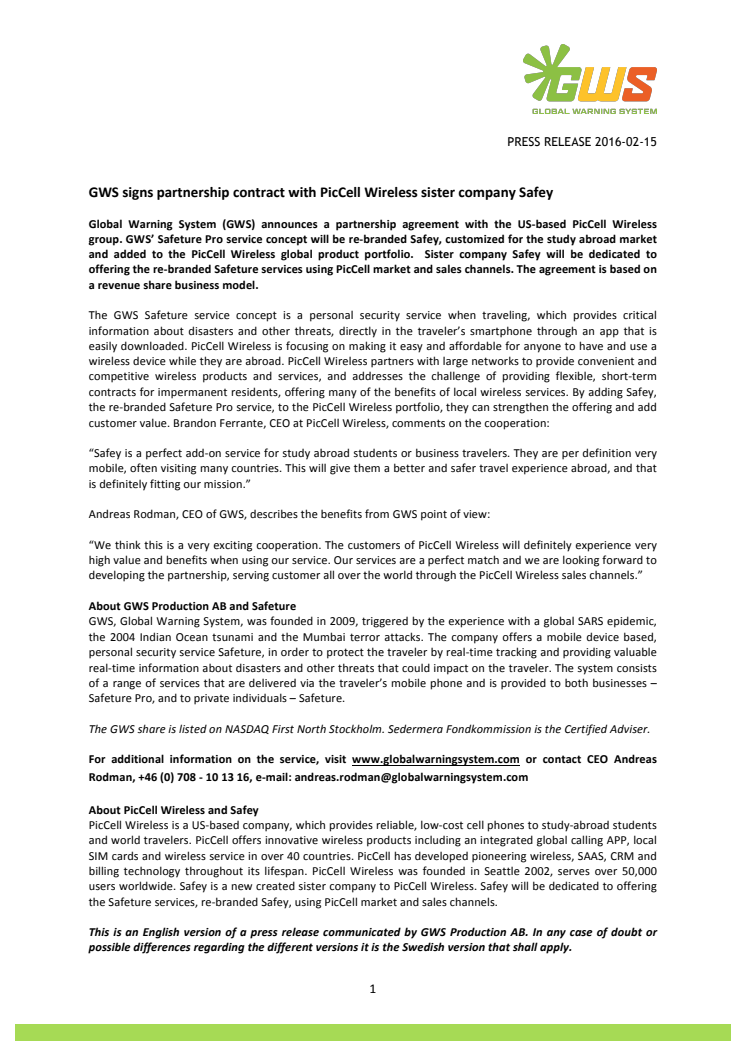 GWS signs partnership contract with PicCell Wireless sister company Safey
