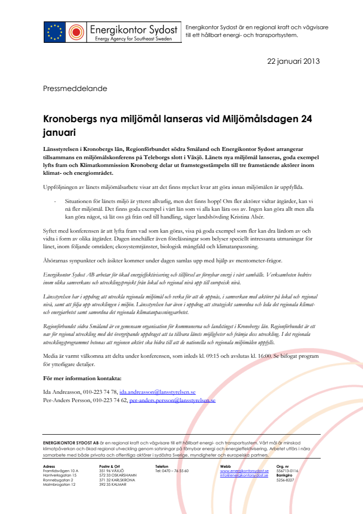 Kronobergs nya miljömål lanseras vid Miljömålsdagen 24 januari 