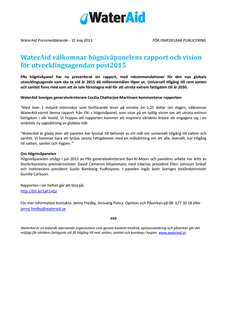 WaterAid välkomnar högnivåpanelens rapport och vision för utvecklingsagendan post2015
