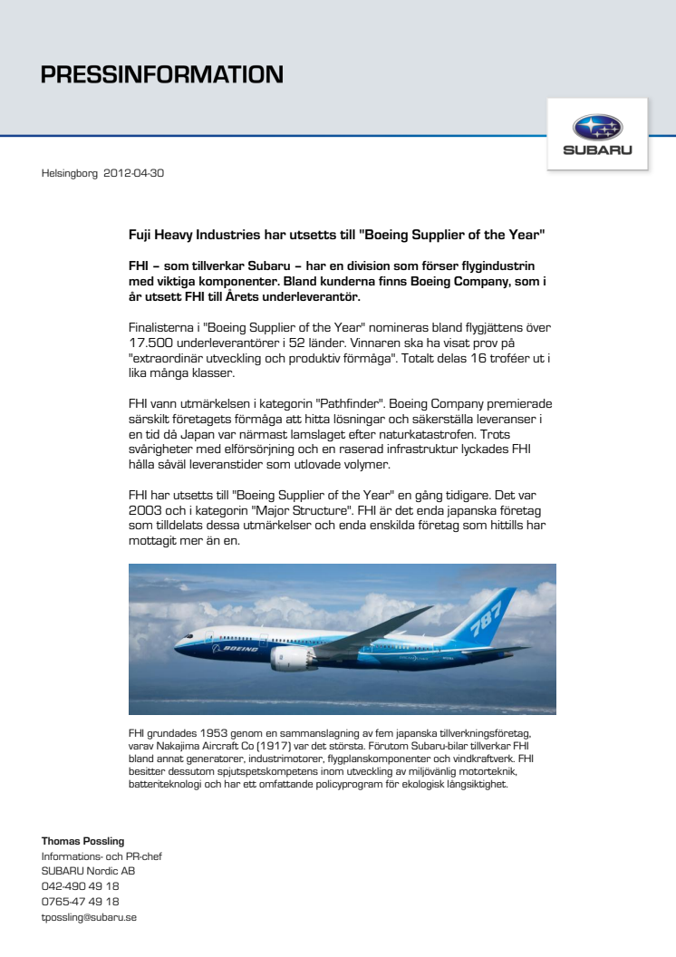 Fuji Heavy Industries har utsetts till "Boeing Supplier of the Year"