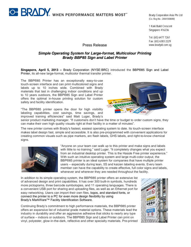 Simple Operating System for Large-format, Multicolour Printing – Brady BBP85 Sign and Label Printer
