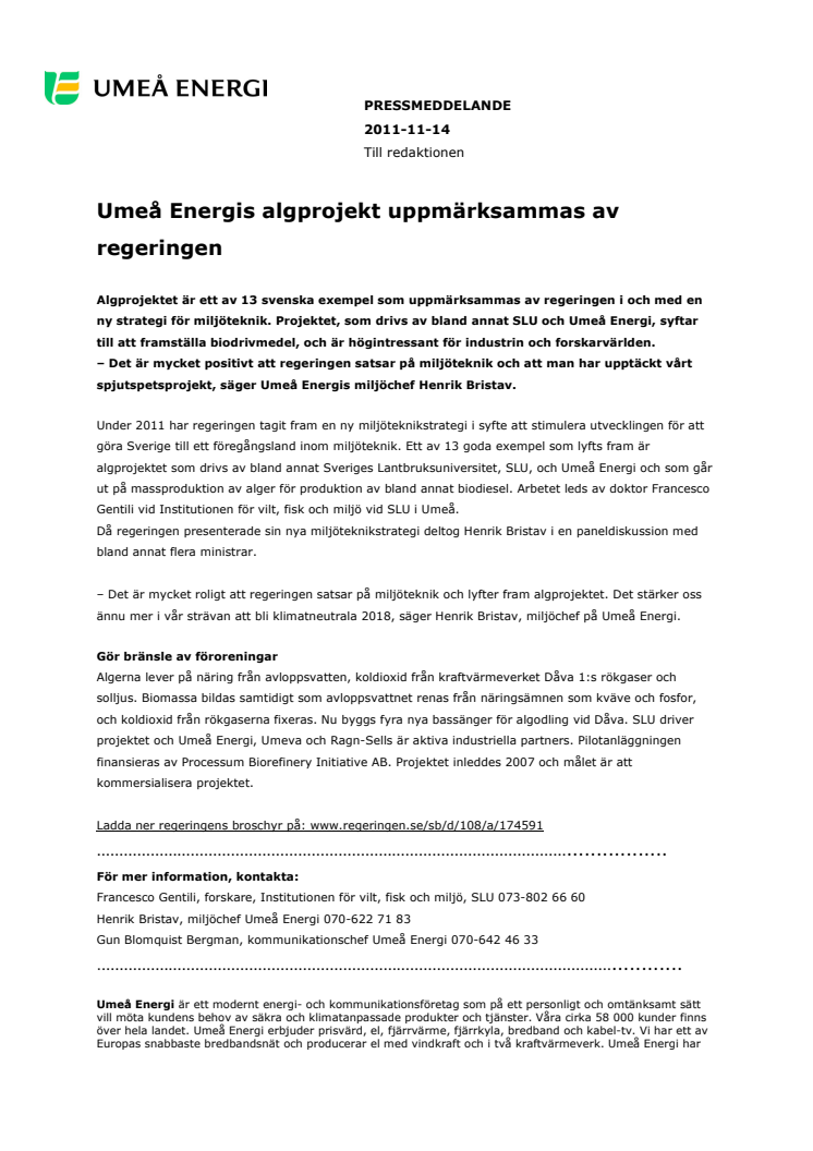 Umeå Energis algprojekt uppmärksammas av regeringen