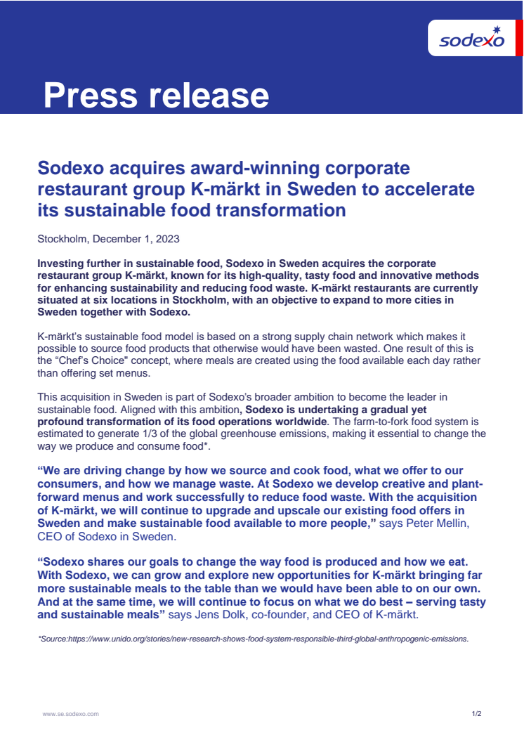 Sodexo acquires award-winning corporate restaurant group K-märkt in Sweden to accelerate its sustainable food transformation .pdf