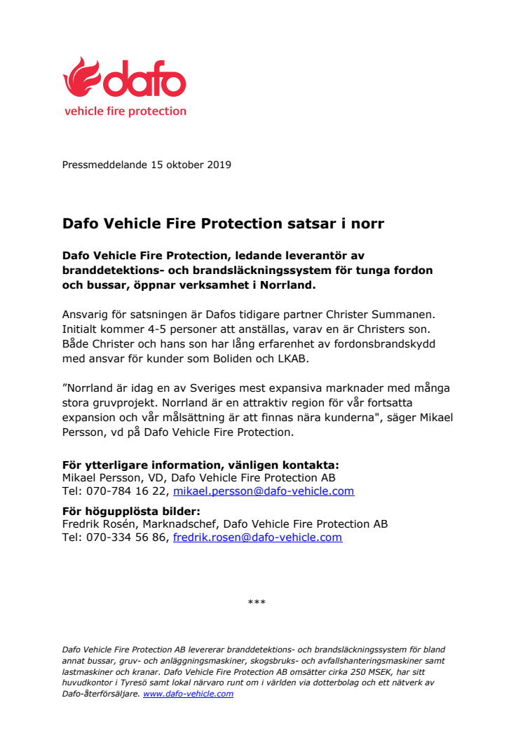 Dafo Vehicle Fire Protection satsar i norr